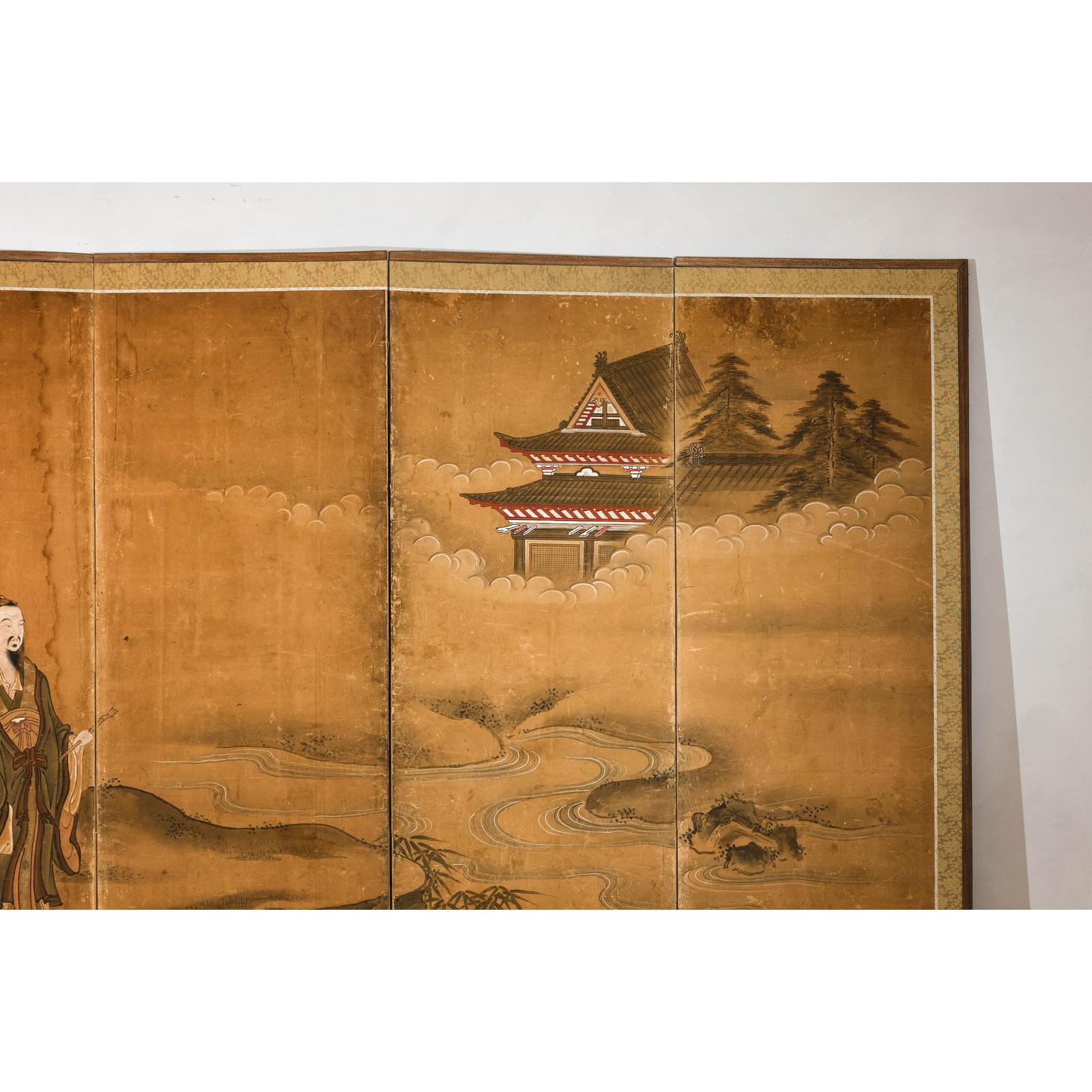 Meiji Six-Panel Folding Screen with Courtly Landscape and Pavilion-7. Asian &amp; Chinese Furniture, Art, Antiques, Vintage Home Décor for sale at FEA Home