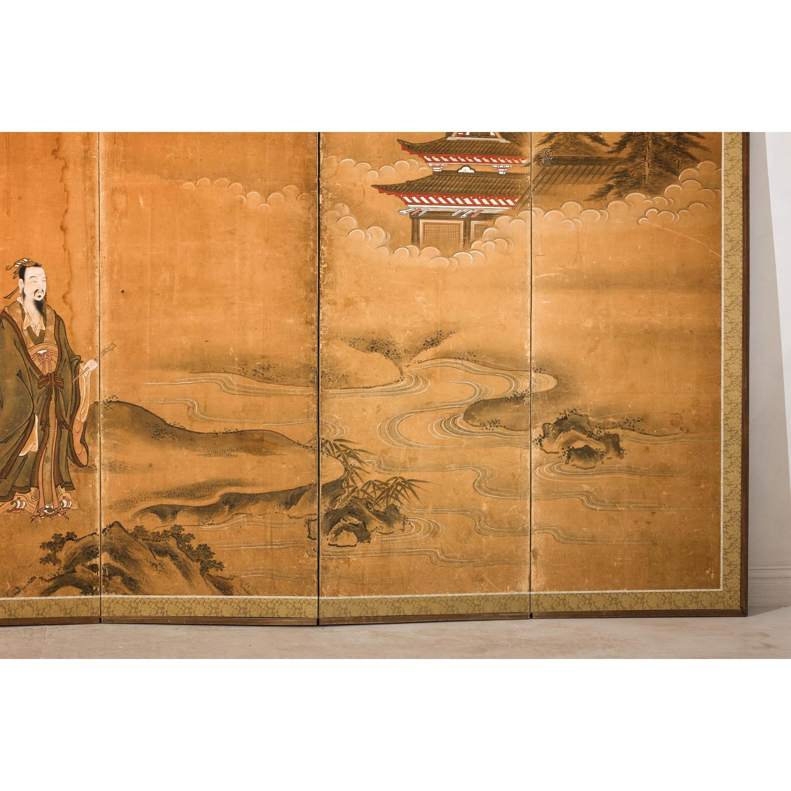 Meiji Six-Panel Folding Screen with Courtly Landscape and Pavilion-8. Asian &amp; Chinese Furniture, Art, Antiques, Vintage Home Décor for sale at FEA Home