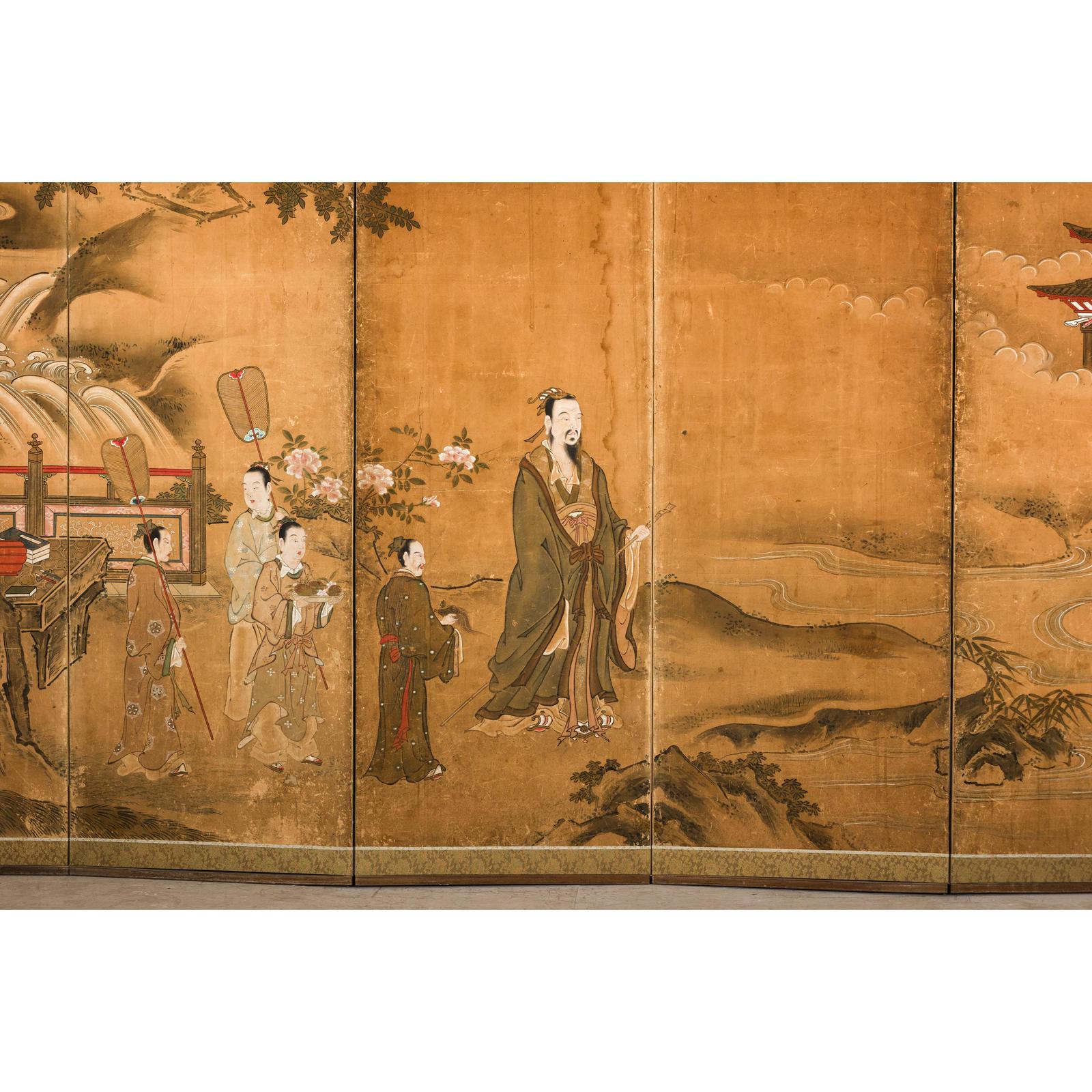 Meiji Six-Panel Folding Screen with Courtly Landscape and Pavilion-9. Asian &amp; Chinese Furniture, Art, Antiques, Vintage Home Décor for sale at FEA Home