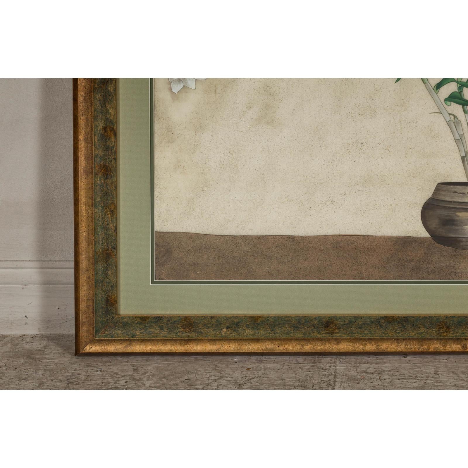 Midcentury Japanese Minimalist Botanical Print in Custom Gold Frame under Glass