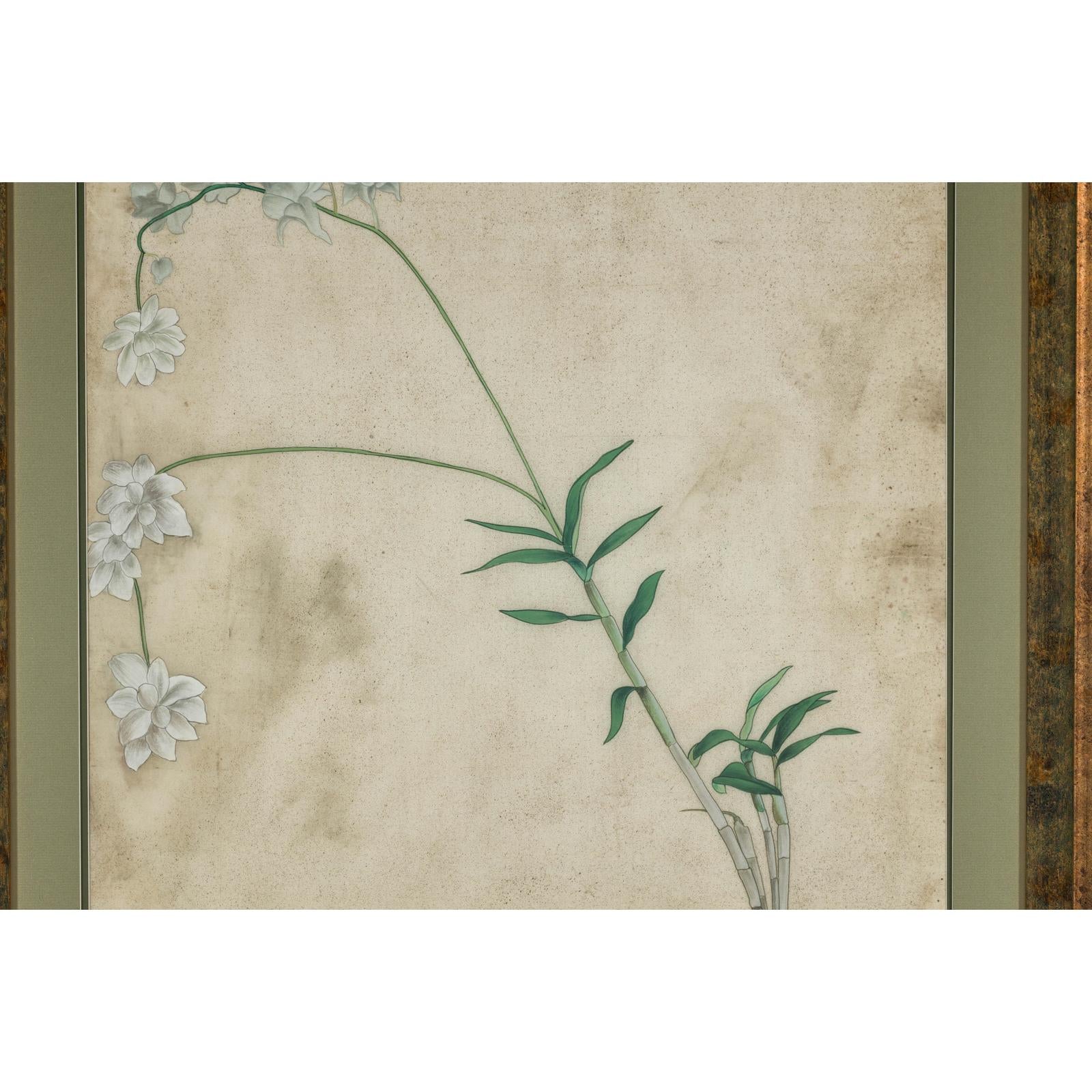 Midcentury Japanese Minimalist Botanical Print in Custom Gold Frame under Glass