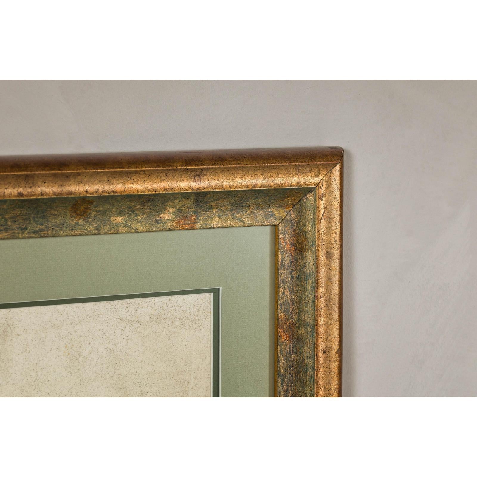 Midcentury Japanese Minimalist Botanical Print in Custom Gold Frame under Glass