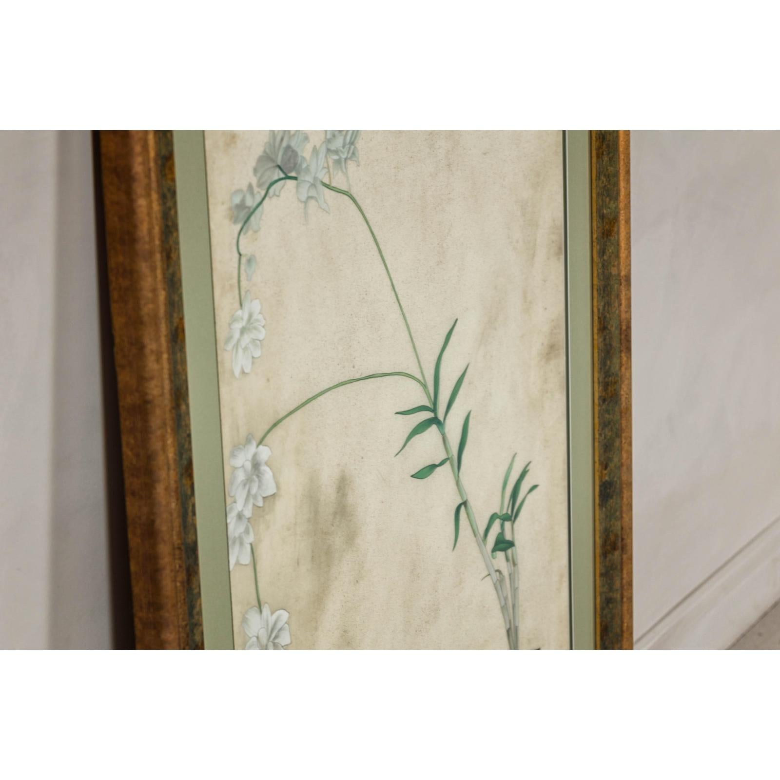 Midcentury Japanese Minimalist Botanical Print in Custom Gold Frame under Glass