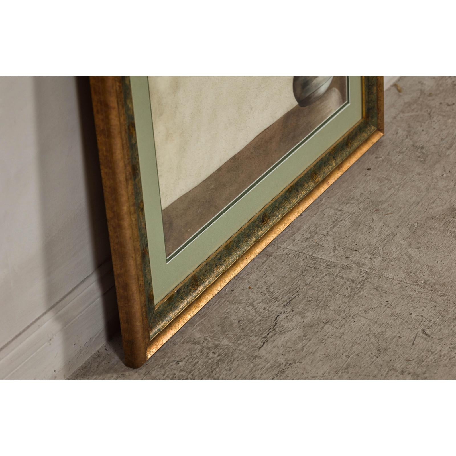 Midcentury Japanese Minimalist Botanical Print in Custom Gold Frame under Glass