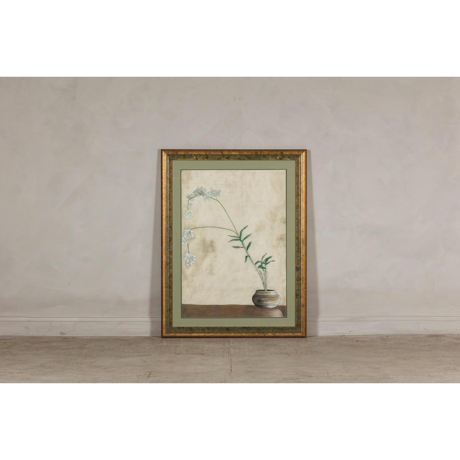 Midcentury Japanese Minimalist Botanical Print in Custom Gold Frame under Glass