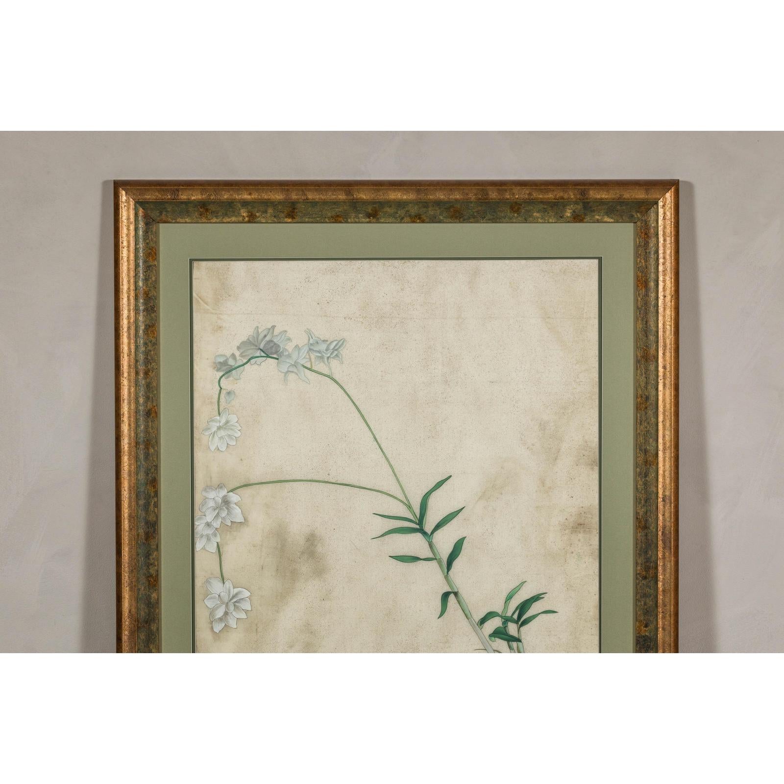 Midcentury Japanese Minimalist Botanical Print in Custom Gold Frame under Glass