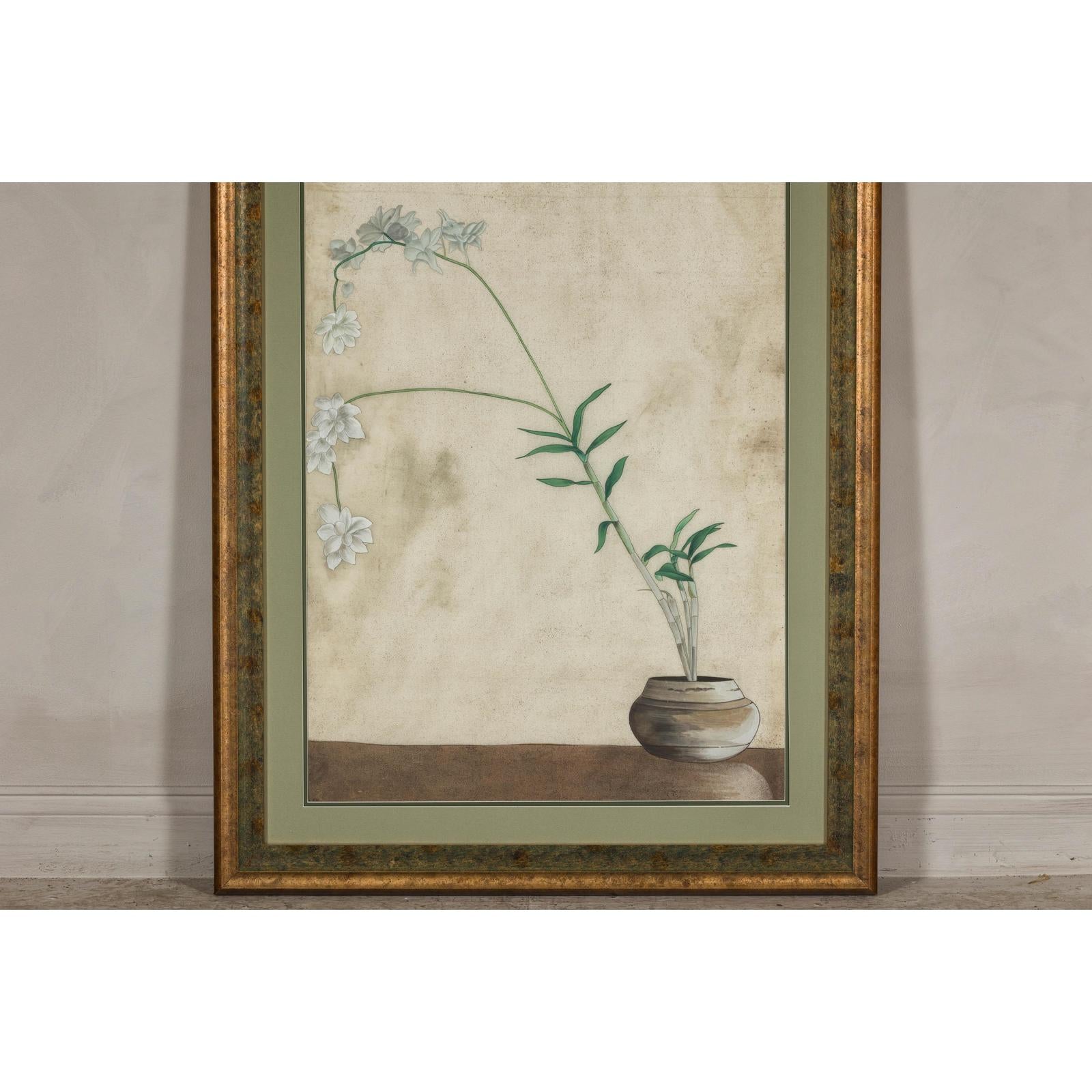 Midcentury Japanese Minimalist Botanical Print in Custom Gold Frame under Glass