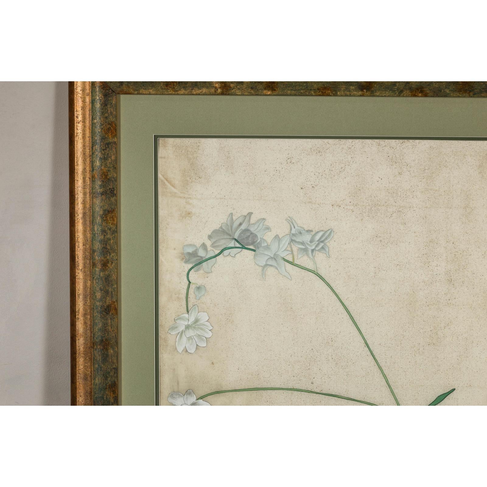 Midcentury Japanese Minimalist Botanical Print in Custom Gold Frame under Glass