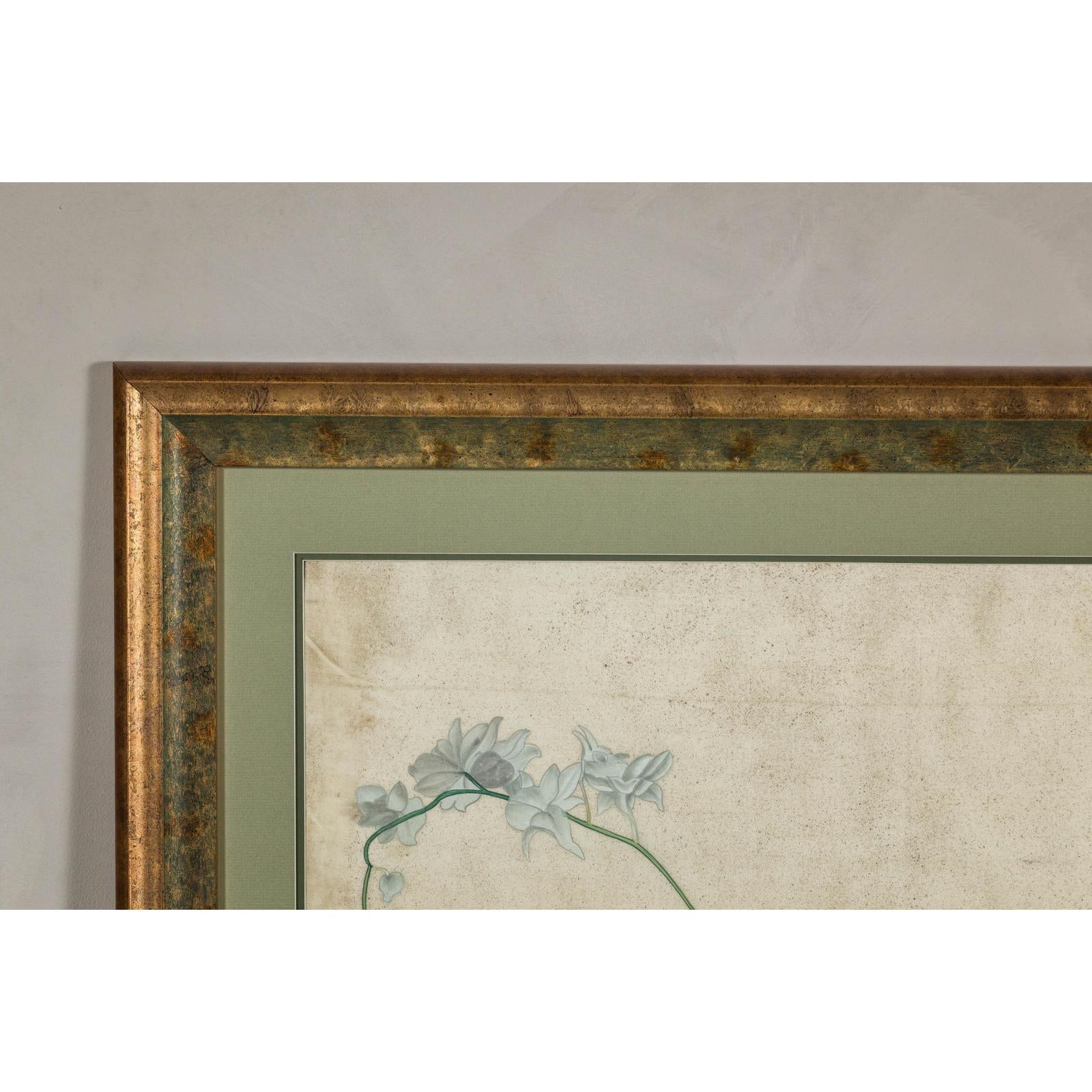 Midcentury Japanese Minimalist Botanical Print in Custom Gold Frame under Glass