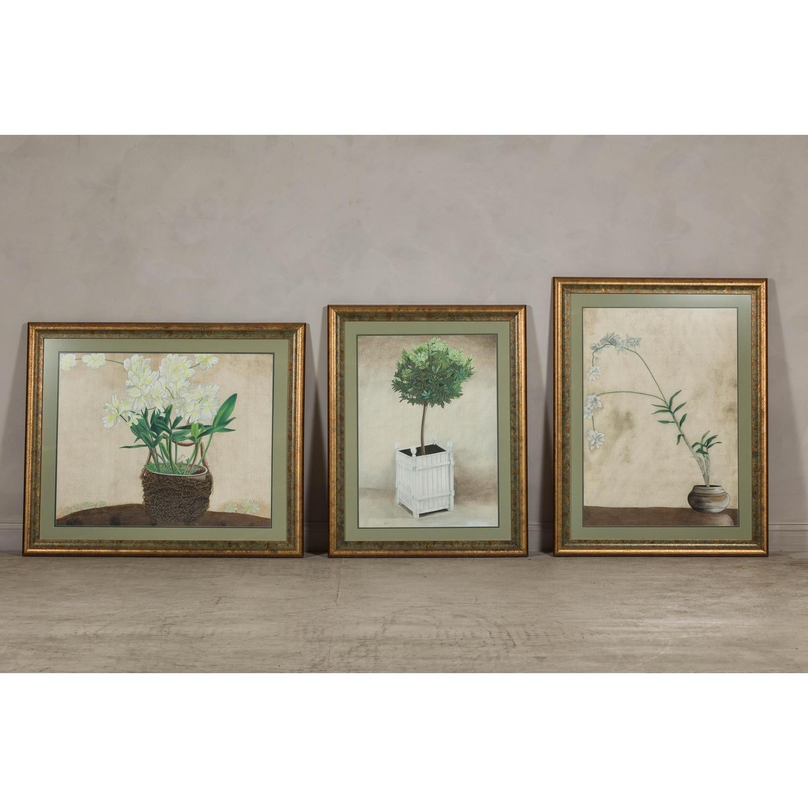 Midcentury Minimalist Botanical Print in Custom Gold Frame under Glass