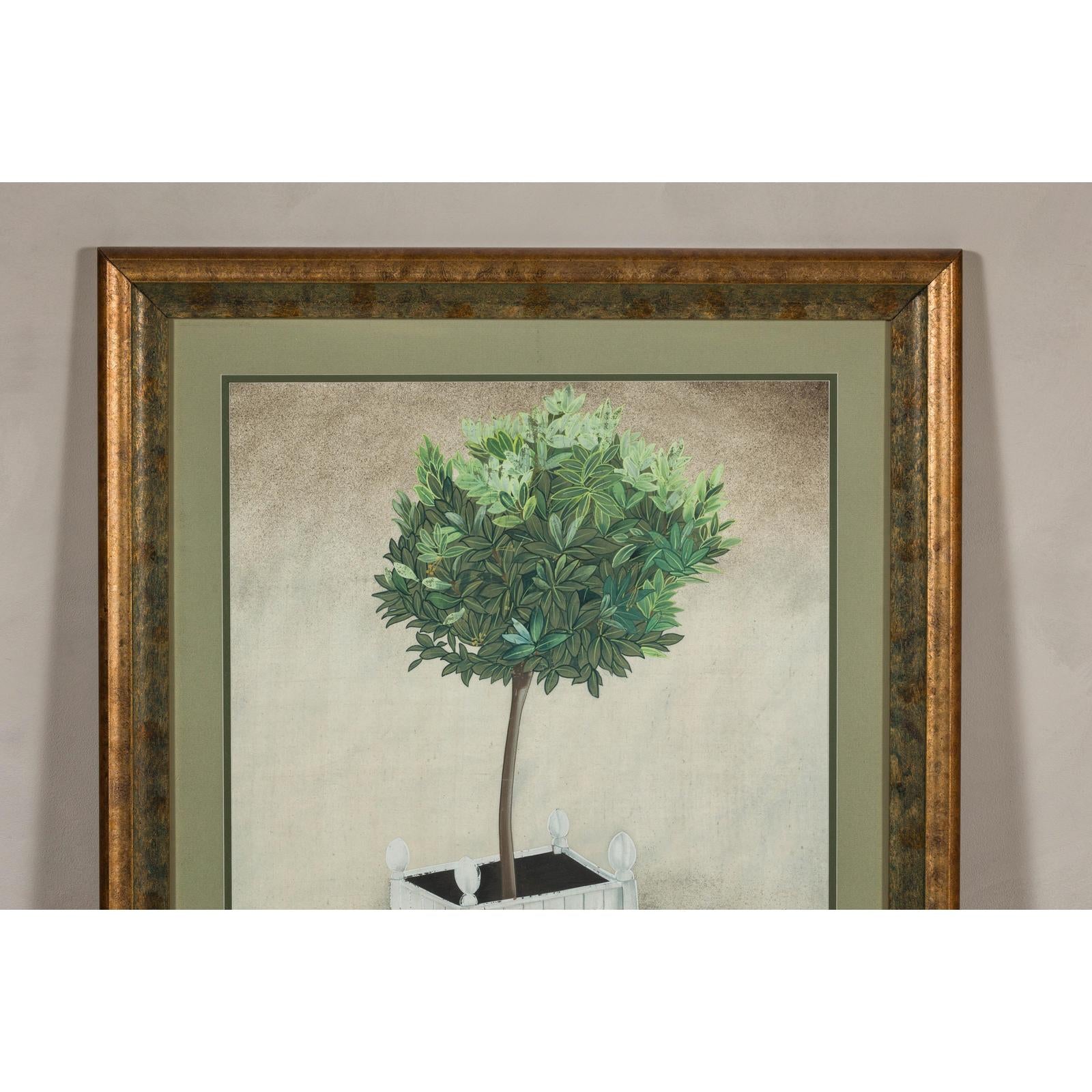 Midcentury Minimalist Botanical Print in Custom Gold Frame under Glass