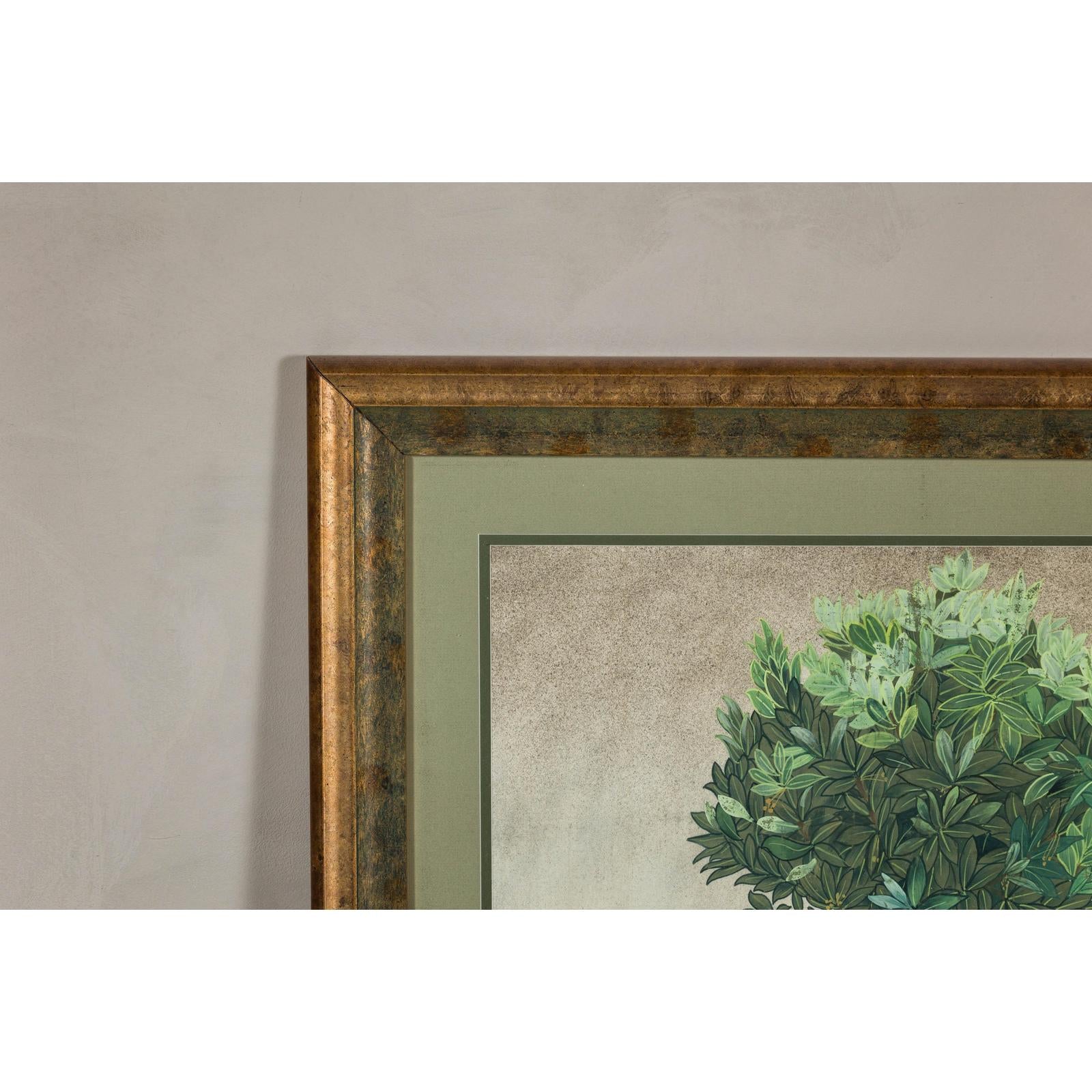 Midcentury Minimalist Botanical Print in Custom Gold Frame under Glass