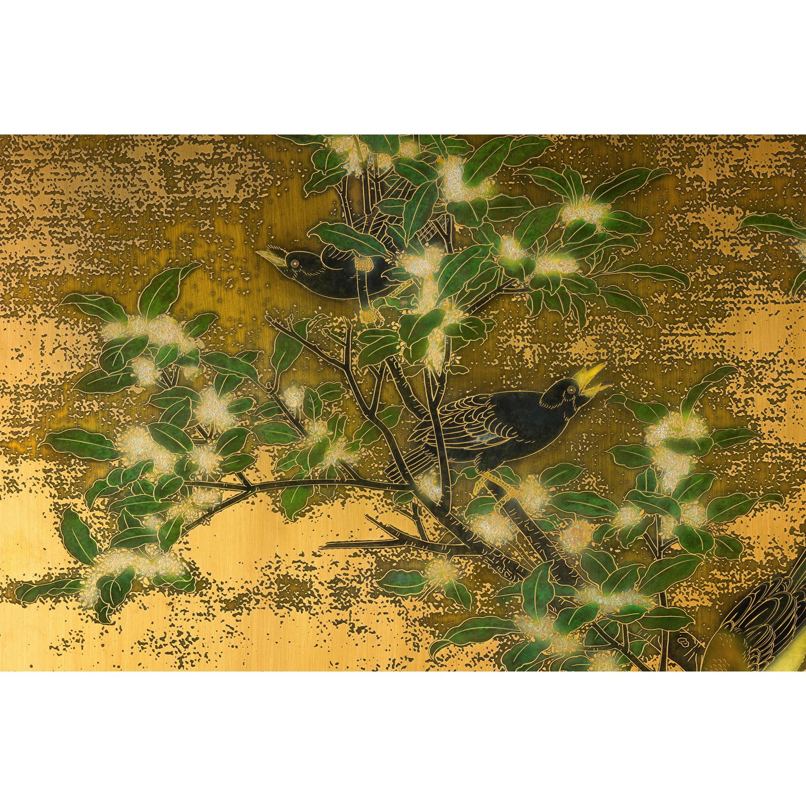 Painted Asian Metal Wall Art with Birds Perched on Foliage and Vibrant Blooms