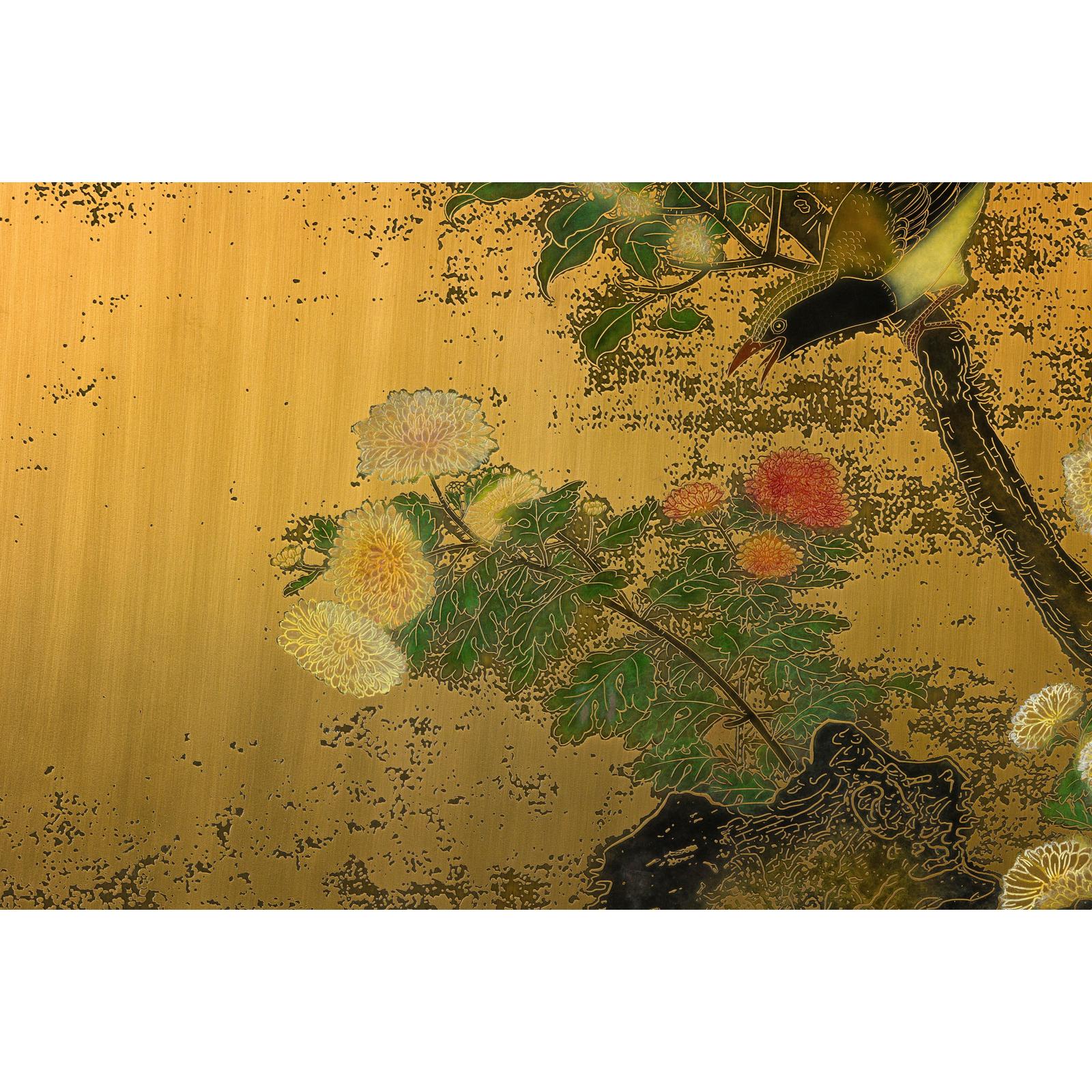 Painted Asian Metal Wall Art with Birds Perched on Foliage and Vibrant Blooms