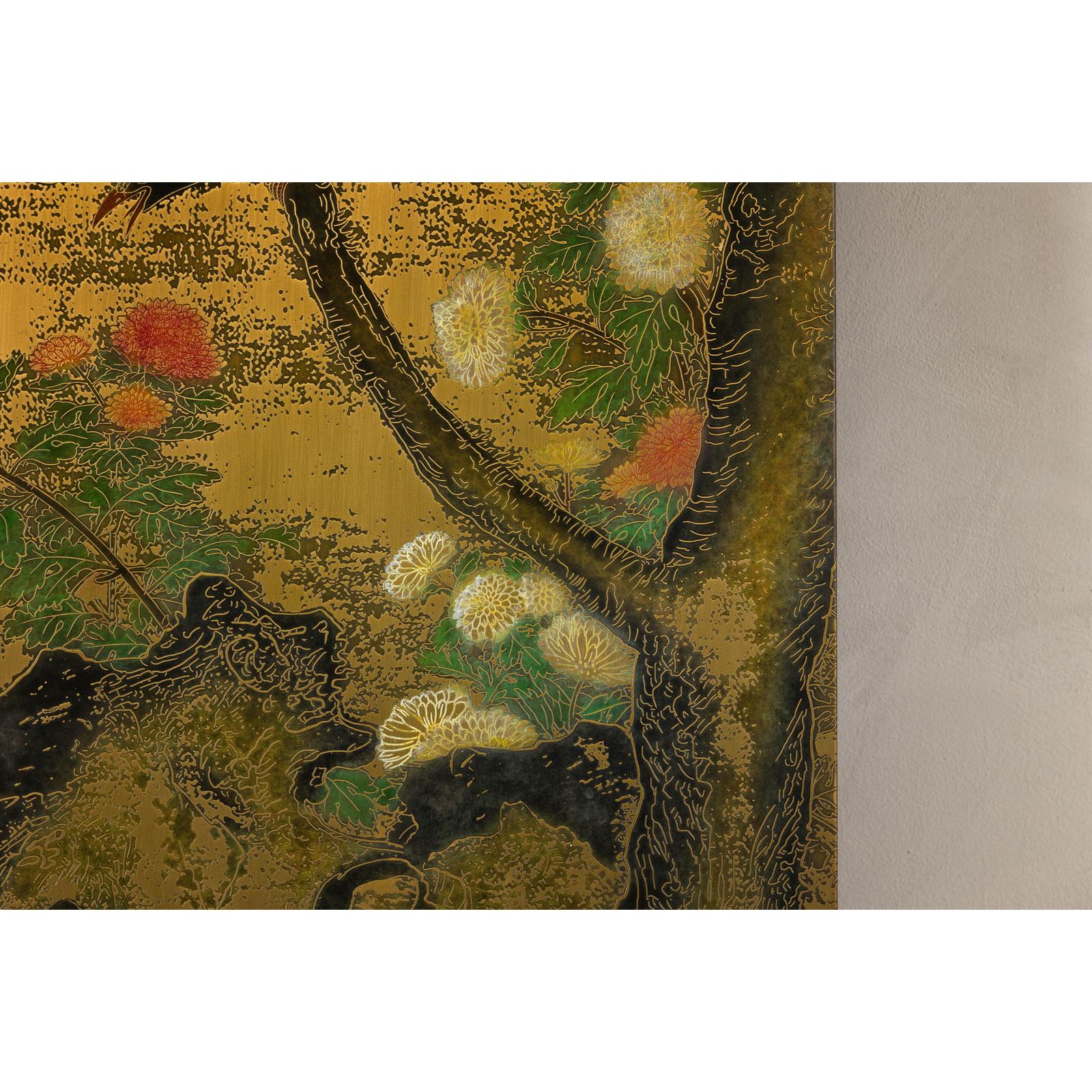 Painted Asian Metal Wall Art with Birds Perched on Foliage and Vibrant Blooms
