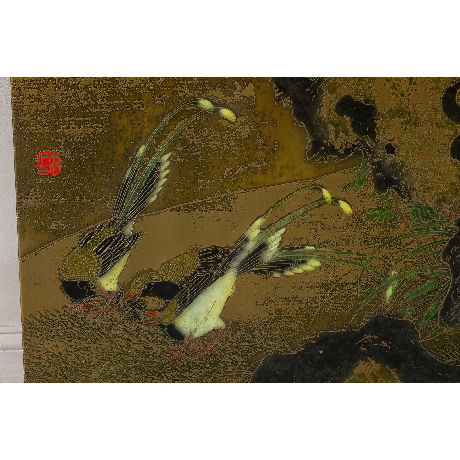 Painted Asian Metal Wall Art with Birds Perched on Foliage and Vibrant Blooms