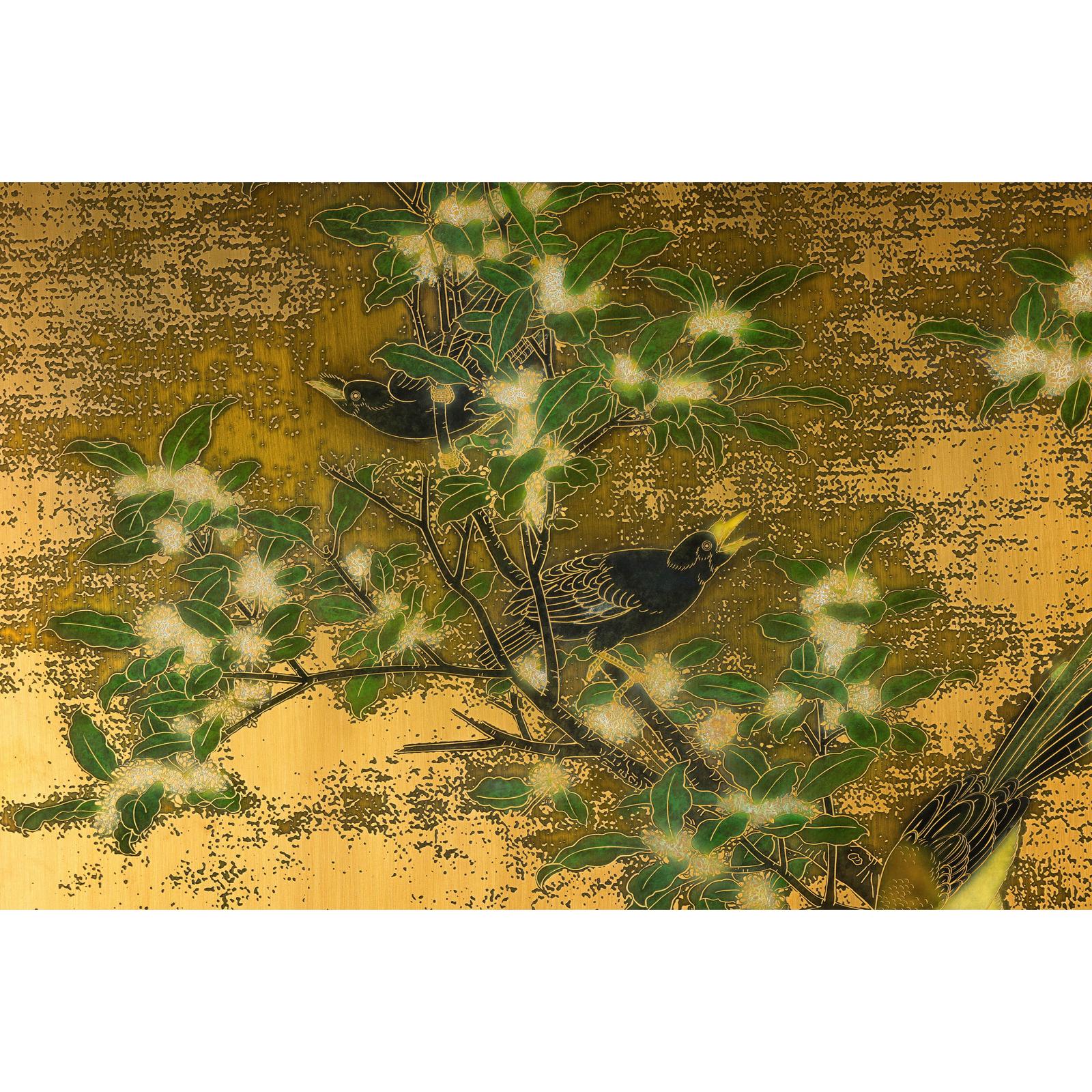 Painted Asian Metal Wall Art with Birds Perched on Foliage and Vibrant Blooms