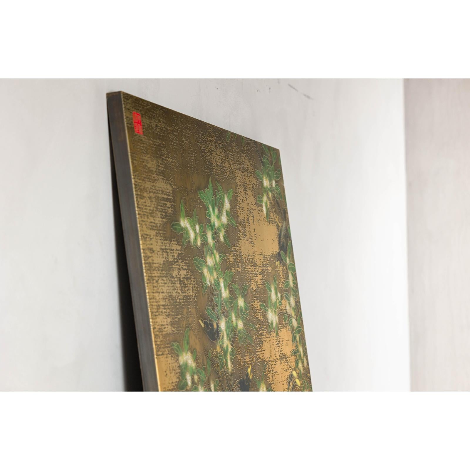 Painted Asian Metal Wall Art with Birds Perched on Foliage and Vibrant Blooms