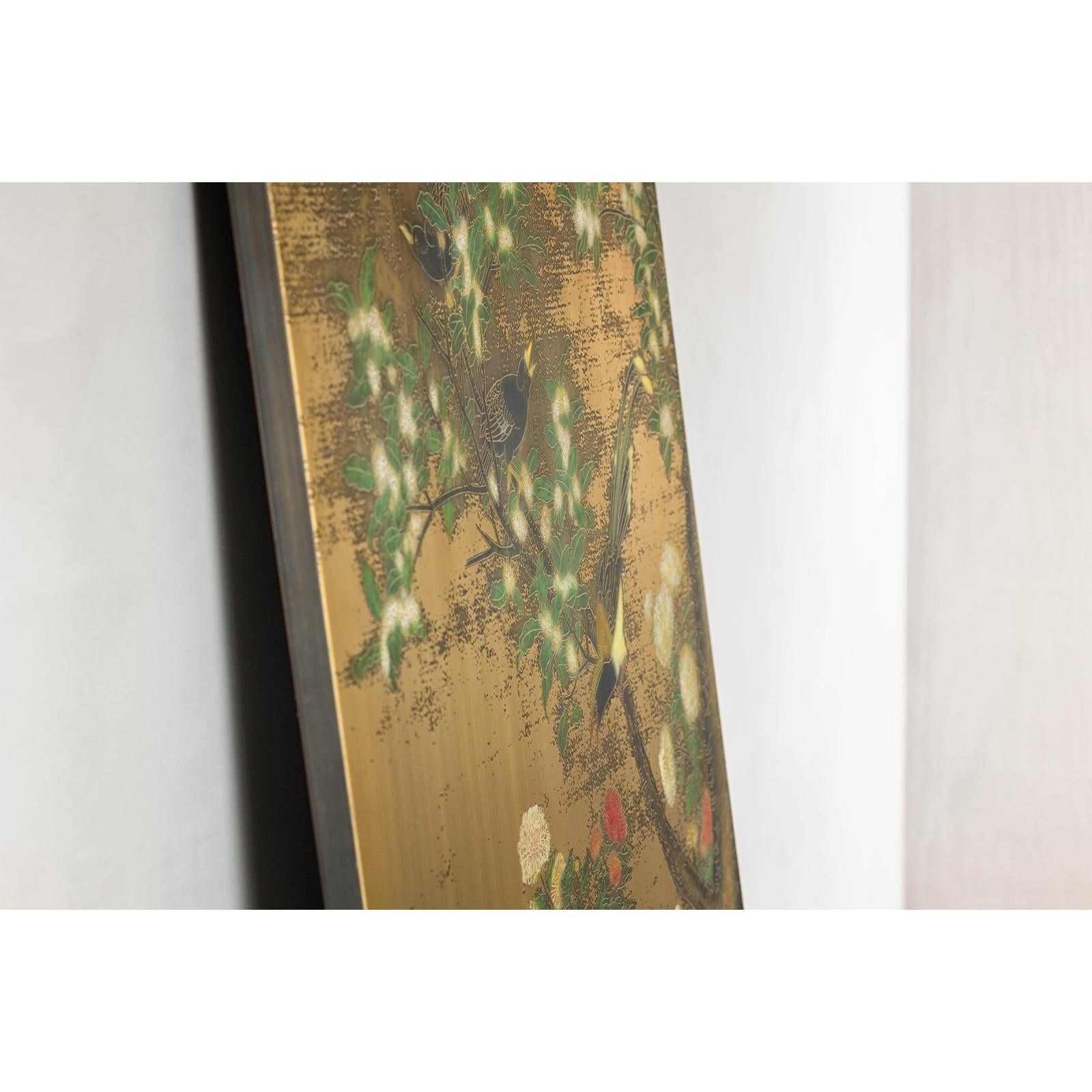 Painted Asian Metal Wall Art with Birds Perched on Foliage and Vibrant Blooms