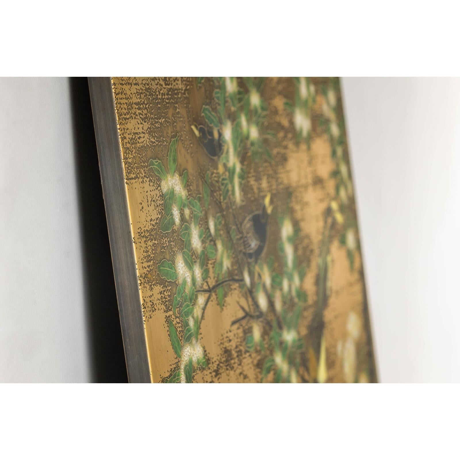 Painted Asian Metal Wall Art with Birds Perched on Foliage and Vibrant Blooms