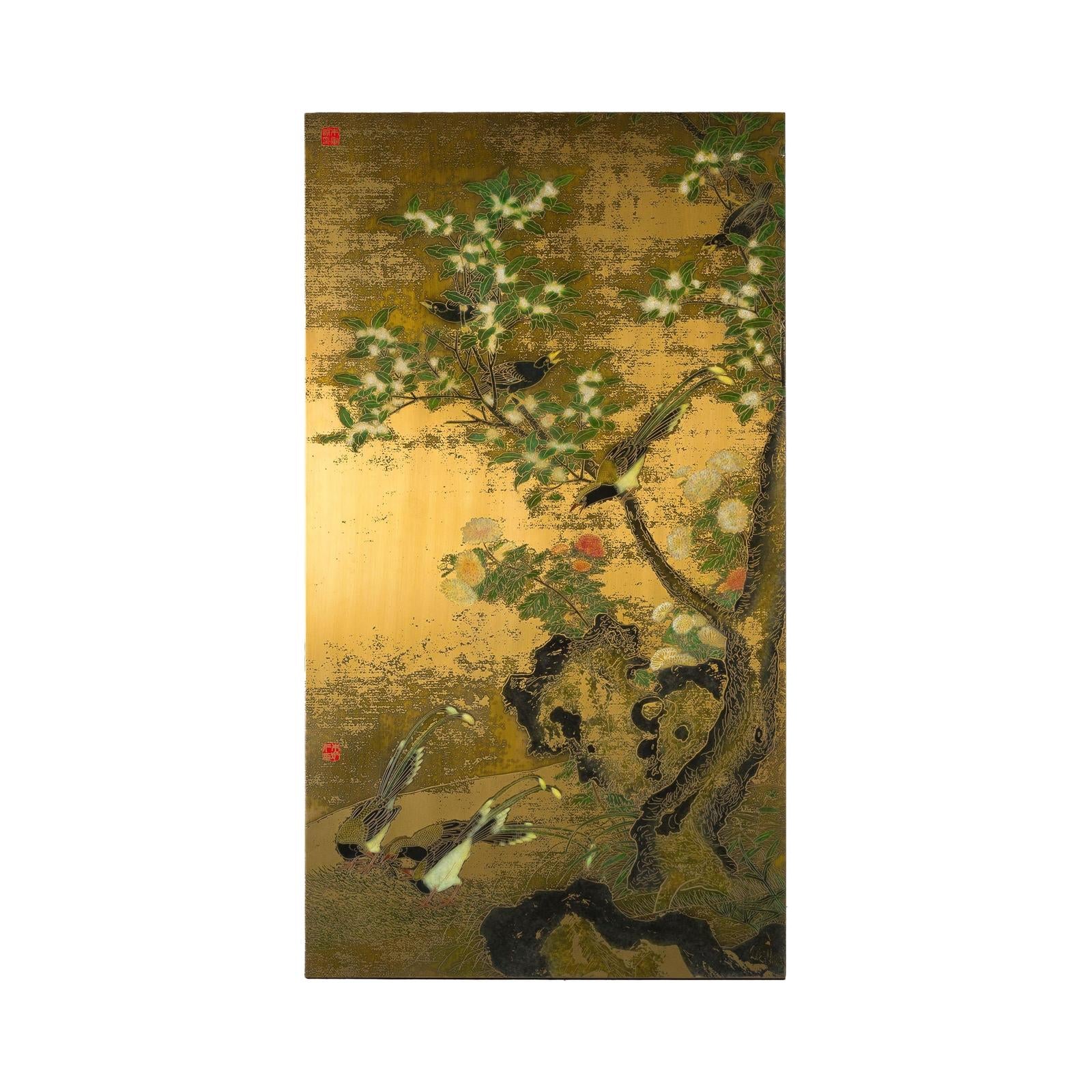 Painted Asian Metal Wall Art with Birds Perched on Foliage and Vibrant Blooms