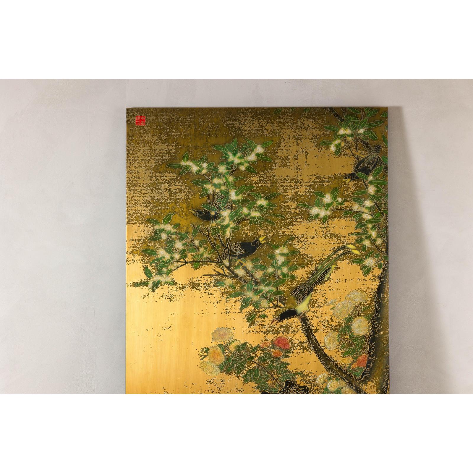 Painted Asian Metal Wall Art with Birds Perched on Foliage and Vibrant Blooms