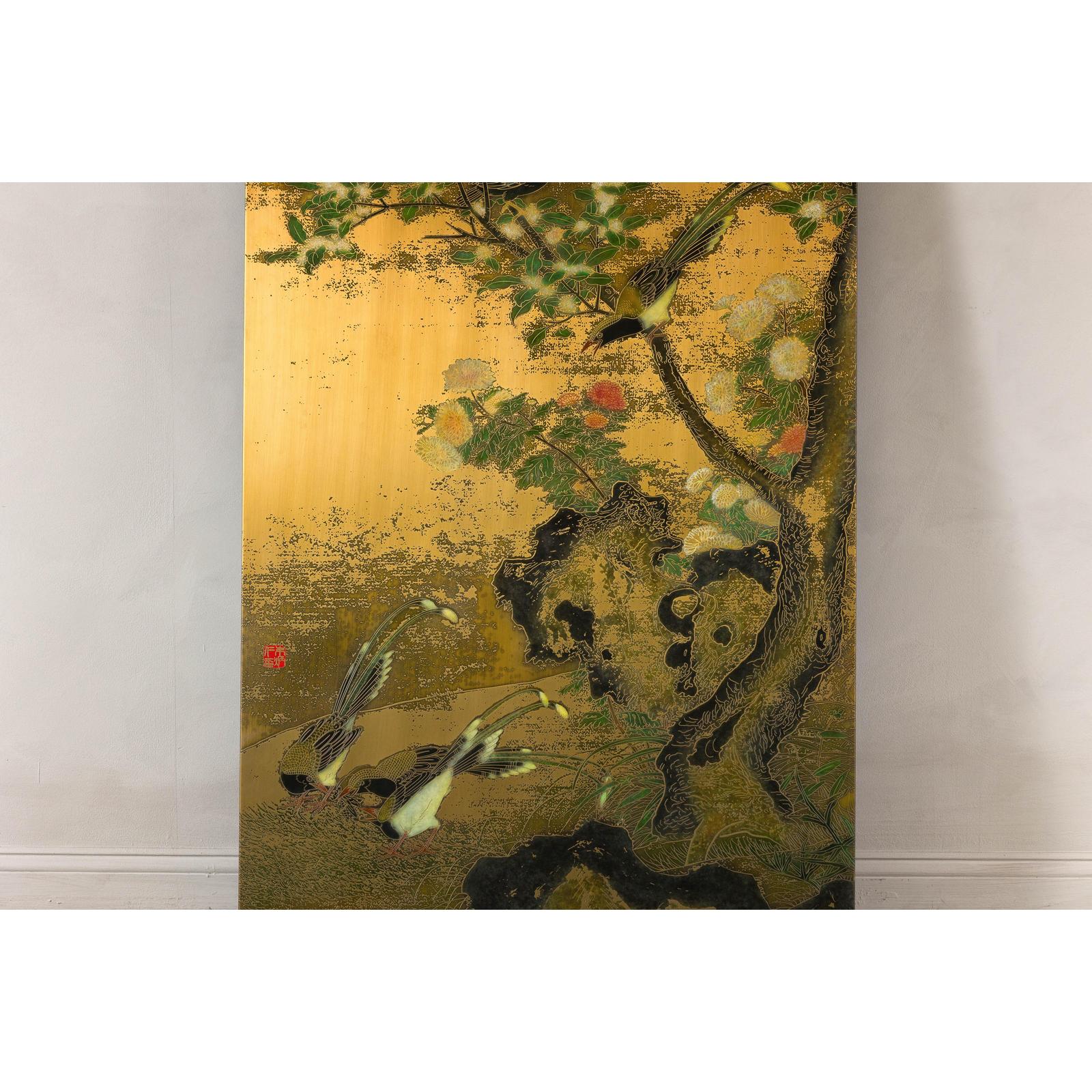 Painted Asian Metal Wall Art with Birds Perched on Foliage and Vibrant Blooms
