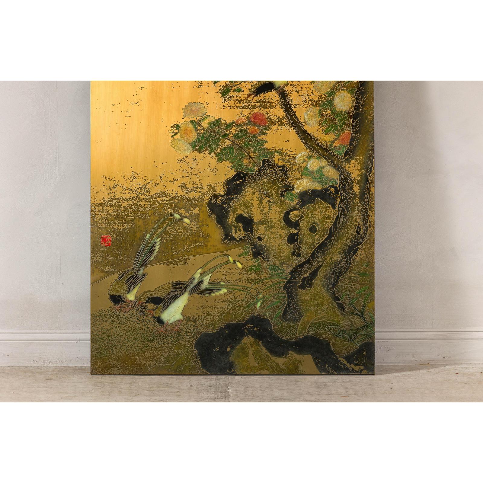 Painted Asian Metal Wall Art with Birds Perched on Foliage and Vibrant Blooms