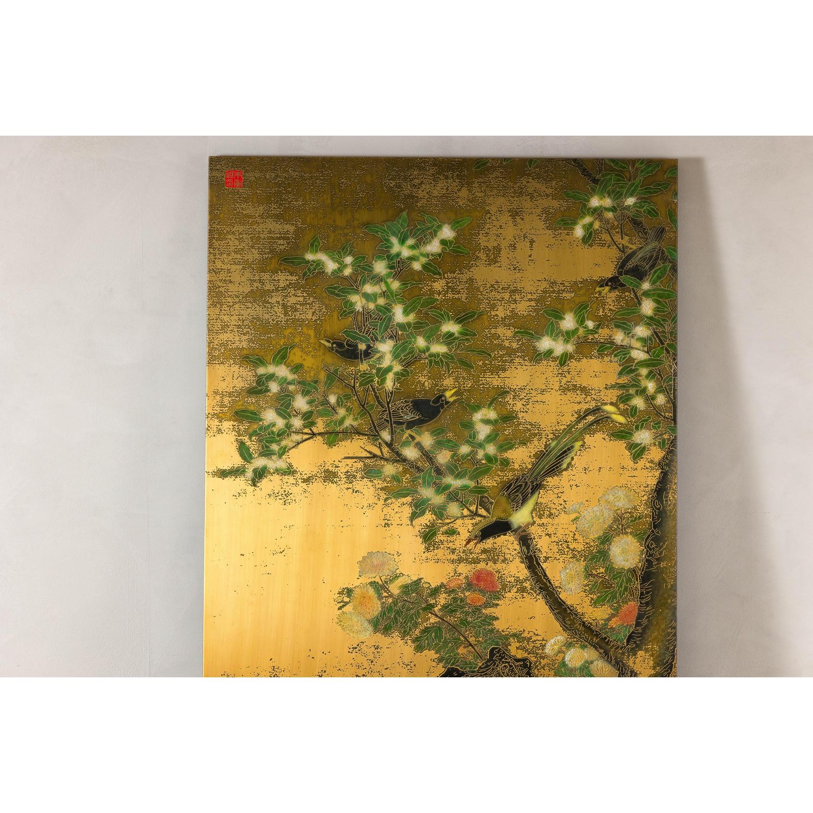 Painted Asian Metal Wall Art with Birds Perched on Foliage and Vibrant Blooms