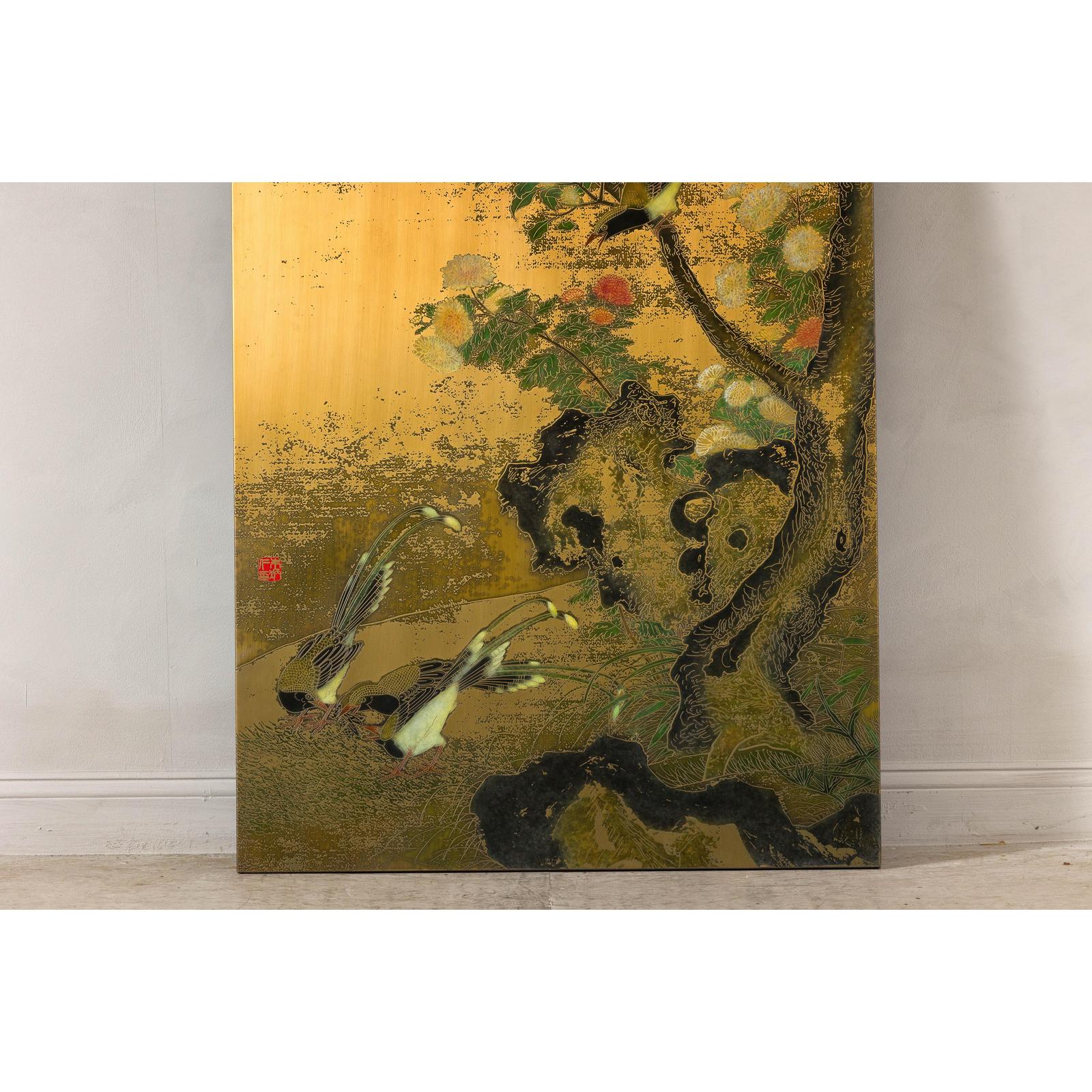Painted Asian Metal Wall Art with Birds Perched on Foliage and Vibrant Blooms