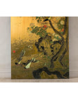 Painted Asian Metal Wall Art with Birds Perched on Foliage and Vibrant Blooms