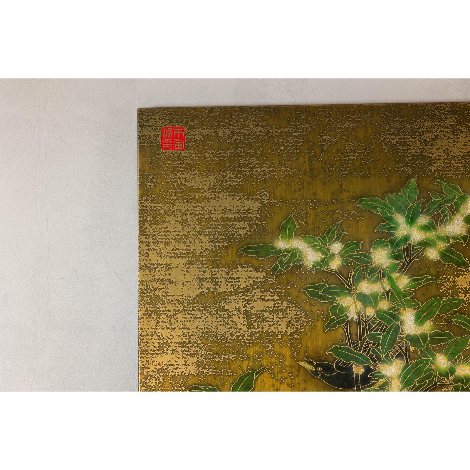 Painted Asian Metal Wall Art with Birds Perched on Foliage and Vibrant Blooms