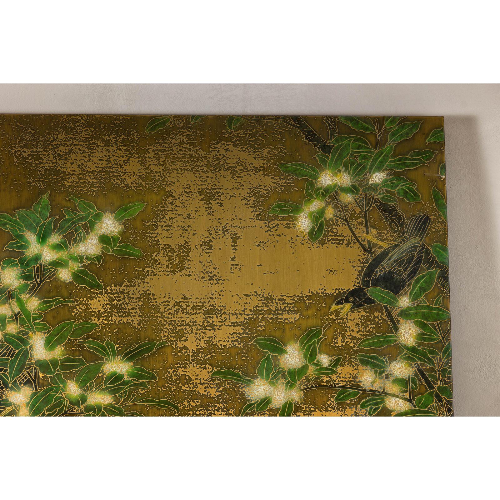 Painted Asian Metal Wall Art with Birds Perched on Foliage and Vibrant Blooms