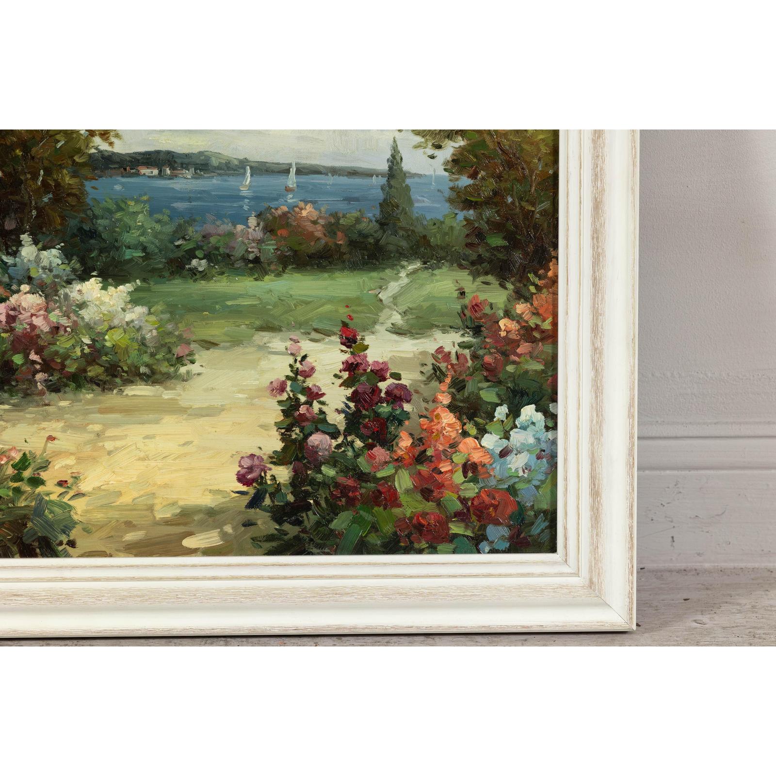 Impressionist Style Garden Painting with Gazebo and Waterfront, Signed R. Johns