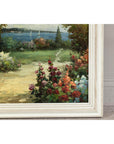 Impressionist Style Garden Painting with Gazebo and Waterfront, Signed R. Johns