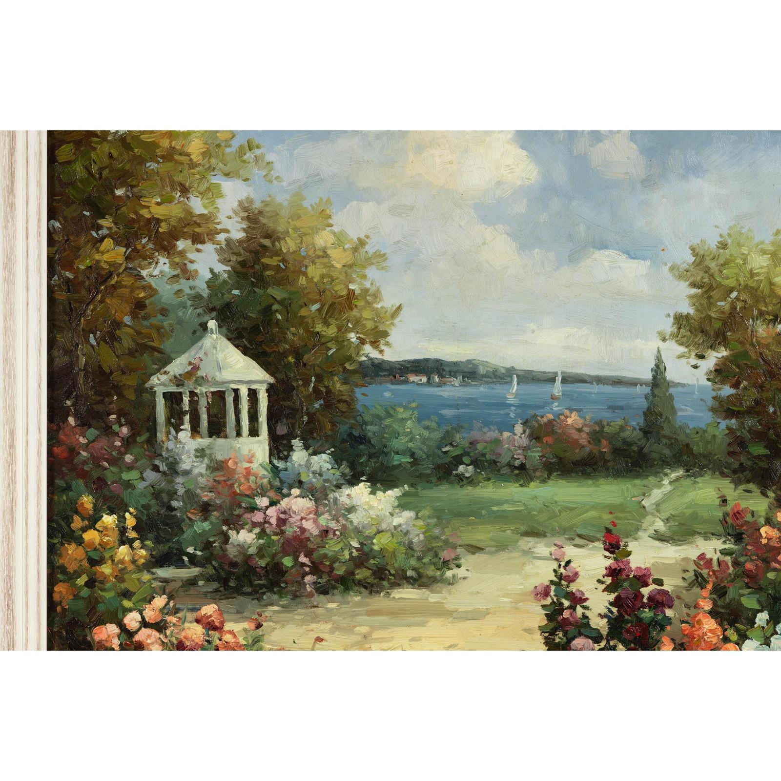 Impressionist Style Garden Painting with Gazebo and Waterfront, Signed R. Johns