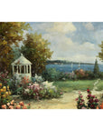 Impressionist Style Garden Painting with Gazebo and Waterfront, Signed R. Johns