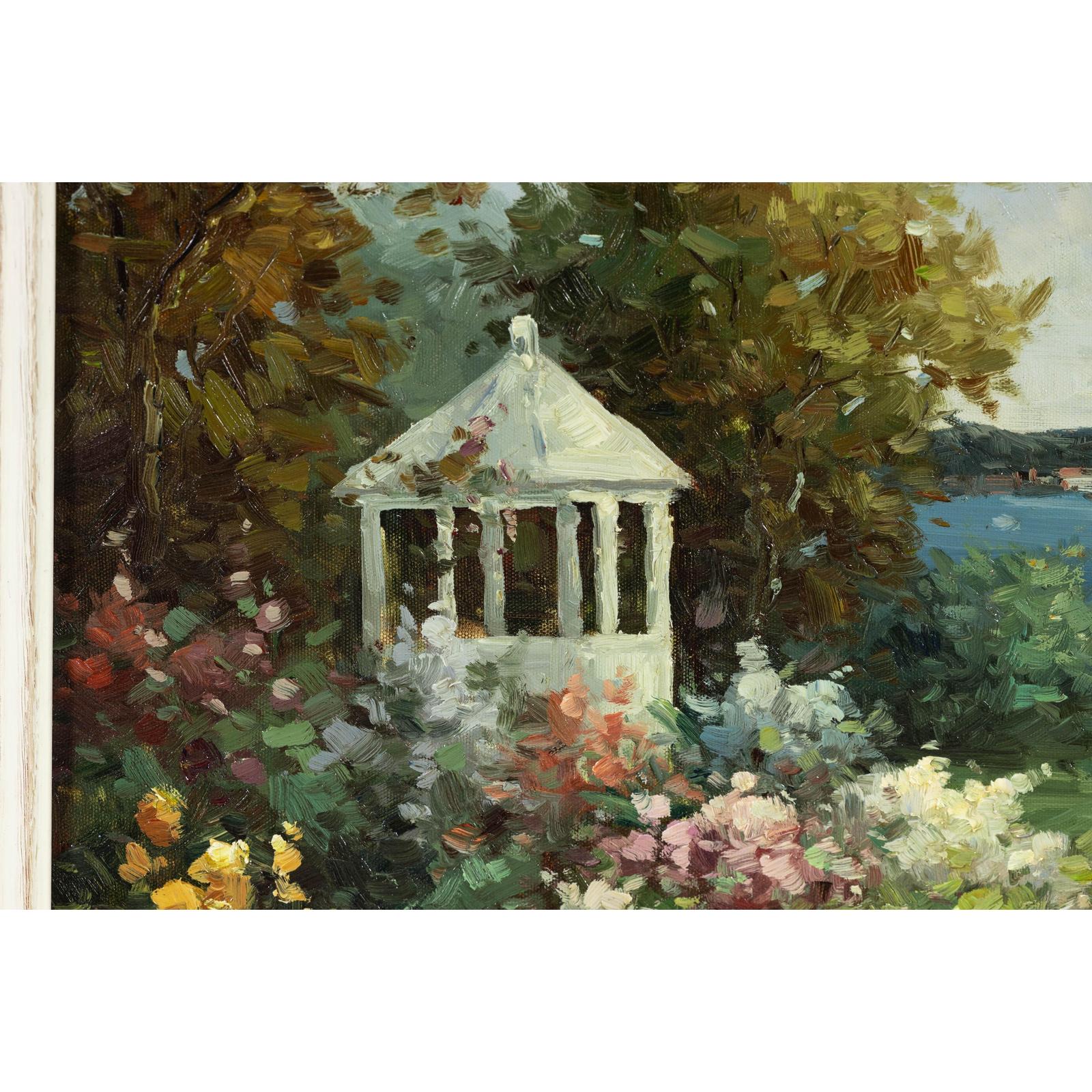 Impressionist Style Garden Painting with Gazebo and Waterfront, Signed R. Johns