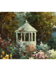 Impressionist Style Garden Painting with Gazebo and Waterfront, Signed R. Johns