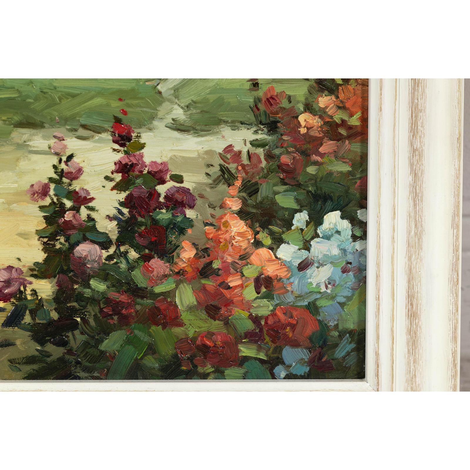 Impressionist Style Garden Painting with Gazebo and Waterfront, Signed R. Johns
