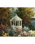 Impressionist Style Garden Painting with Gazebo and Waterfront, Signed R. Johns
