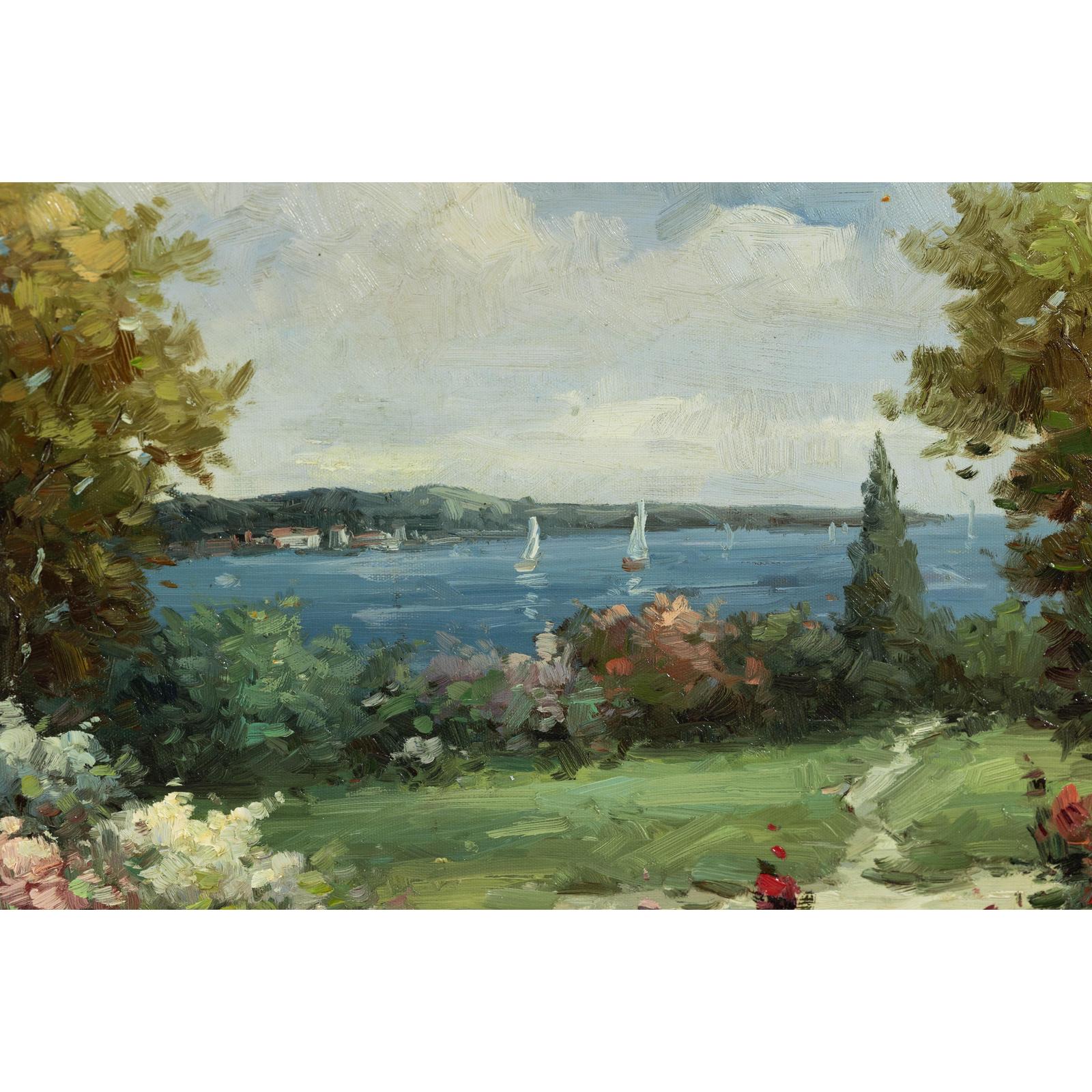 Impressionist Style Garden Painting with Gazebo and Waterfront, Signed R. Johns
