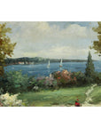 Impressionist Style Garden Painting with Gazebo and Waterfront, Signed R. Johns