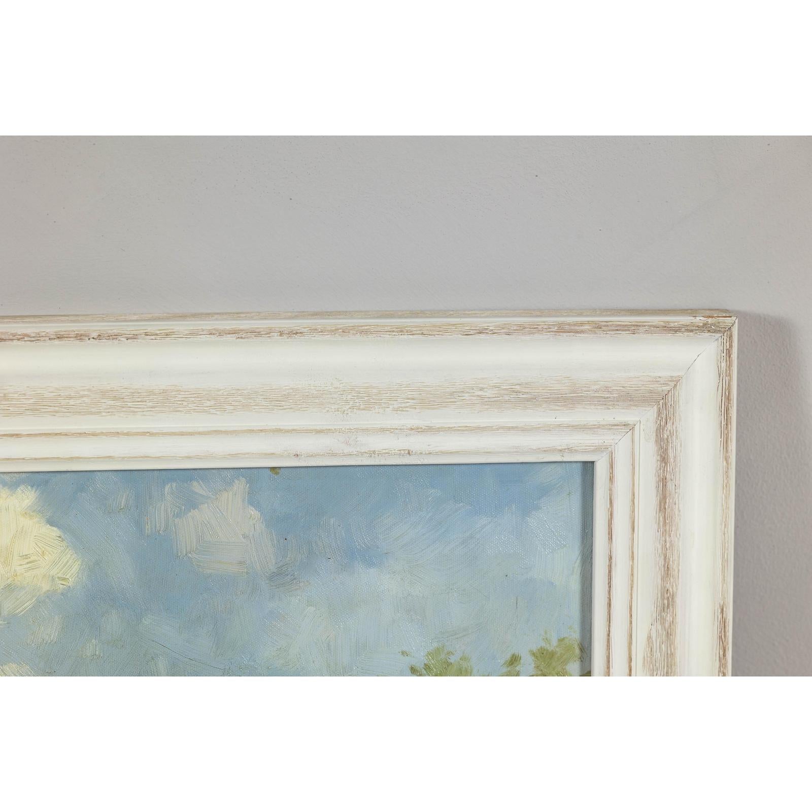 Impressionist Style Garden Painting with Gazebo and Waterfront, Signed R. Johns