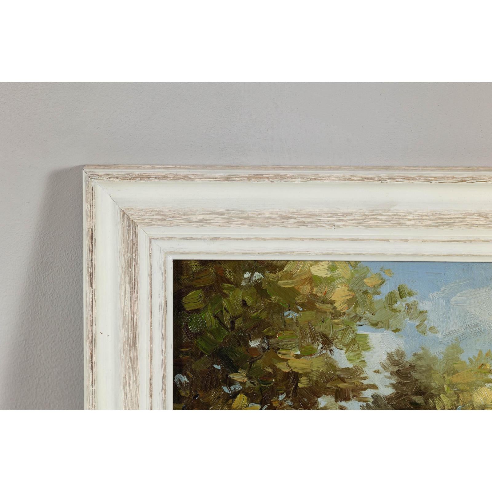 Impressionist Style Garden Painting with Gazebo and Waterfront, Signed R. Johns