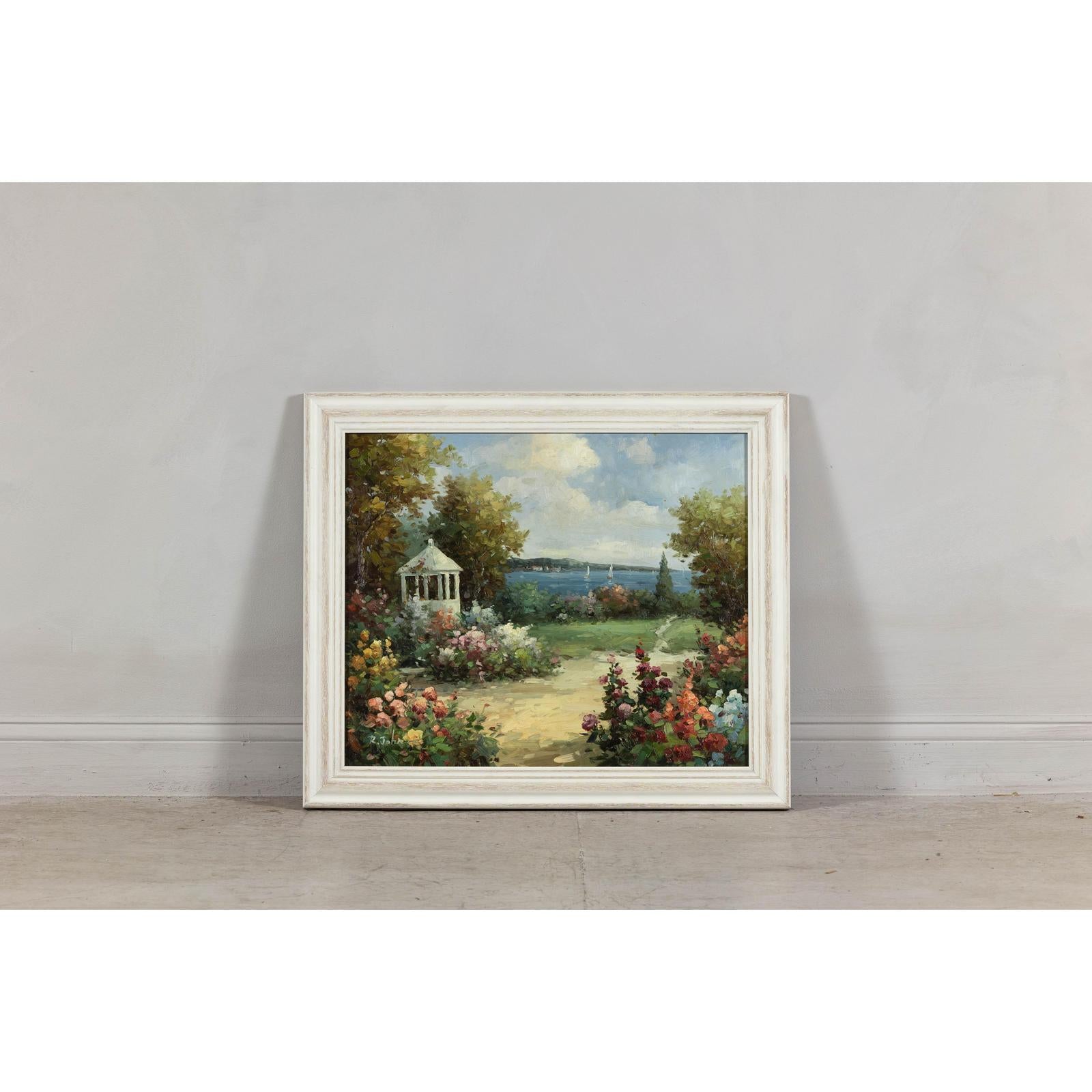 Impressionist Style Garden Painting with Gazebo and Waterfront, Signed R. Johns