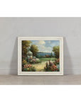 Impressionist Style Garden Painting with Gazebo and Waterfront, Signed R. Johns