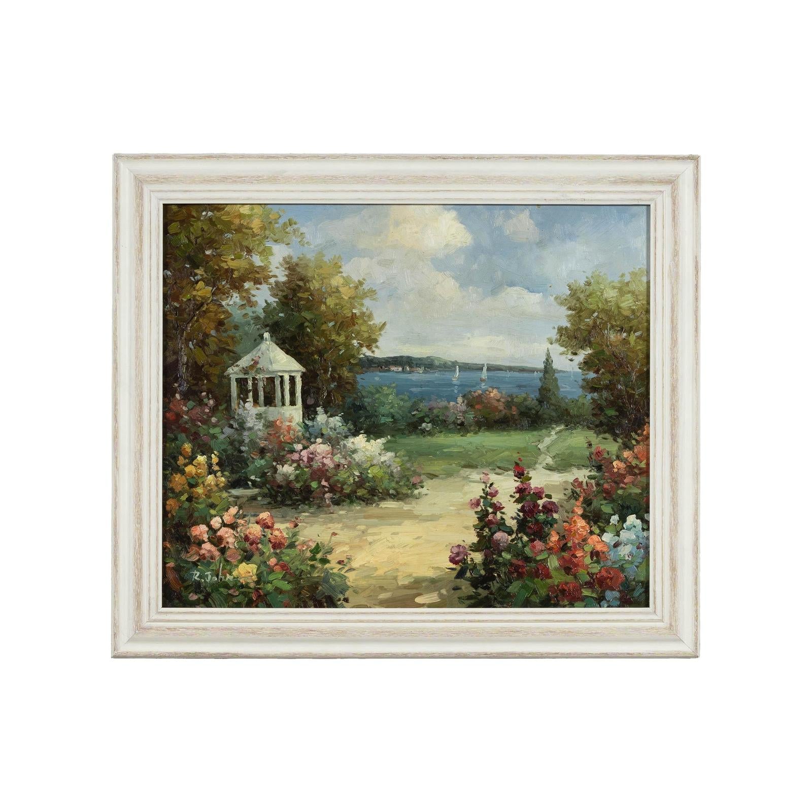Impressionist Style Garden Painting with Gazebo and Waterfront, Signed R. Johns