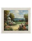 Impressionist Style Garden Painting with Gazebo and Waterfront, Signed R. Johns