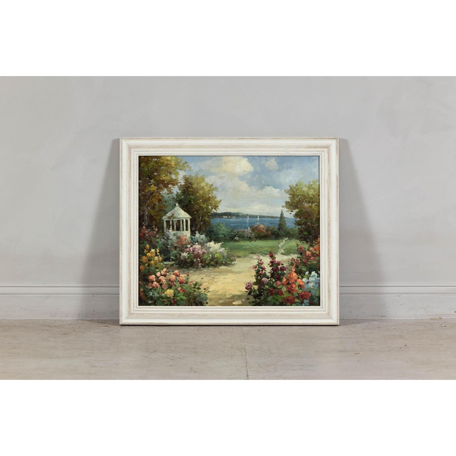 Impressionist Style Garden Painting with Gazebo and Waterfront, Signed R. Johns